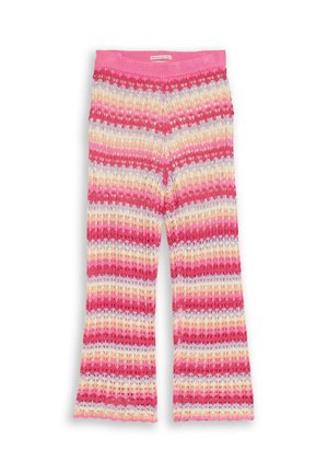Gebreide broek met uitlopende pijpen, met horizontale strepen in roze, rood, crème en lavendel en een geribde tailleband.