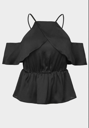 Black satin top with a crossover design, off-shoulder sleeves, and a gathered waist for a fitted look. Textured fabric with subtle sheen.