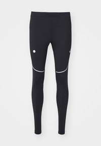 Leggings de sport noirs avec une taille haute, dotés d'accents réfléchissants et d'un petit logo sur la cuisse. Fabriqués en tissu extensible.