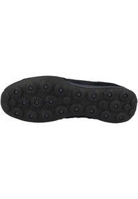 Black rubber shoe sole with rounded, raised circular patterns, featuring ventilation holes for breathability, and a textured surface for grip.