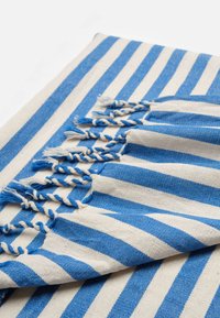 Striped blanket in blue and cream, made of woven fabric, featuring braided tassels along one edge and a textured surface.