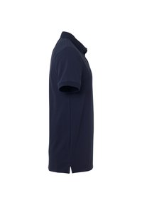 Marineblauw poloshirt met korte mouwen, zijaanzicht, met een geribde kraag en zoom en kleine zijsplitten.