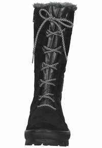 Botín negro con parte superior de ante y nailon, que presenta un ribete de pelo sintético, cordones estampados y una suela de goma texturizada. Diseño alto con cordones.