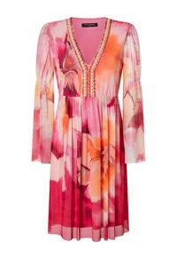 Blumenmuster Kleid mit tiefem V-Ausschnitt, langen durchsichtigen Ärmeln und gerafftem Taillenbereich. In Rosatönen, Orange und Rot gehalten; verziert mit Perlendetails.