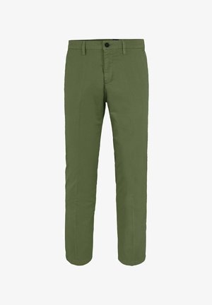 Olijfgroene broek met rechte pijpen, riemlussen, knoopsluiting en voorzakken, getoond op een witte achtergrond.