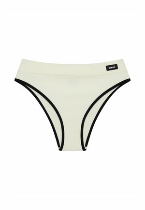 White cotton blend thong with black trim and waistband; features a subtle ribbed texture and a small black logo tag on the waistband.