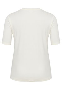 Short-sleeve, crew-neck t-shirt in cream color. Made of soft fabric with a smooth texture. Features a simple, unadorned back design.