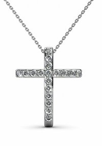 Collana con pendente a forma di croce d'argento, caratterizzata da una finitura lucida e da strass trasparenti lungo la barra orizzontale. Catena inclusa.