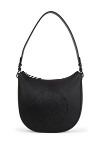 Sac à épaule en cuir noir avec une forme courbée, présentant un détail de logo perforé à l'avant et une bandoulière réglable. Fermeture zip.