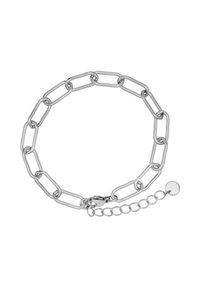 Bracciale in catena argentata realizzato con anelli allungati, dotato di un moschettone e di una catena regolabile con un disco rotondo per un tocco di dettaglio in più.