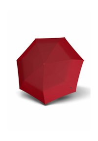 Red umbrella with an octagonal shape, smooth fabric surface, and a sturdy black handle. No visible patterns or hardware accents.