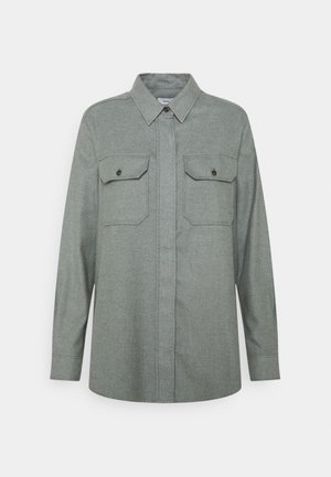 Gray long-sleeve shirt made of textured fabric, featuring a classic collar, front button closure, and two chest pockets with flap and button details.