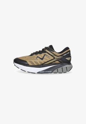 Beige and black running shoe with mesh upper, textured details, thick midsole, and rubber outsole. Features a logo on the side.