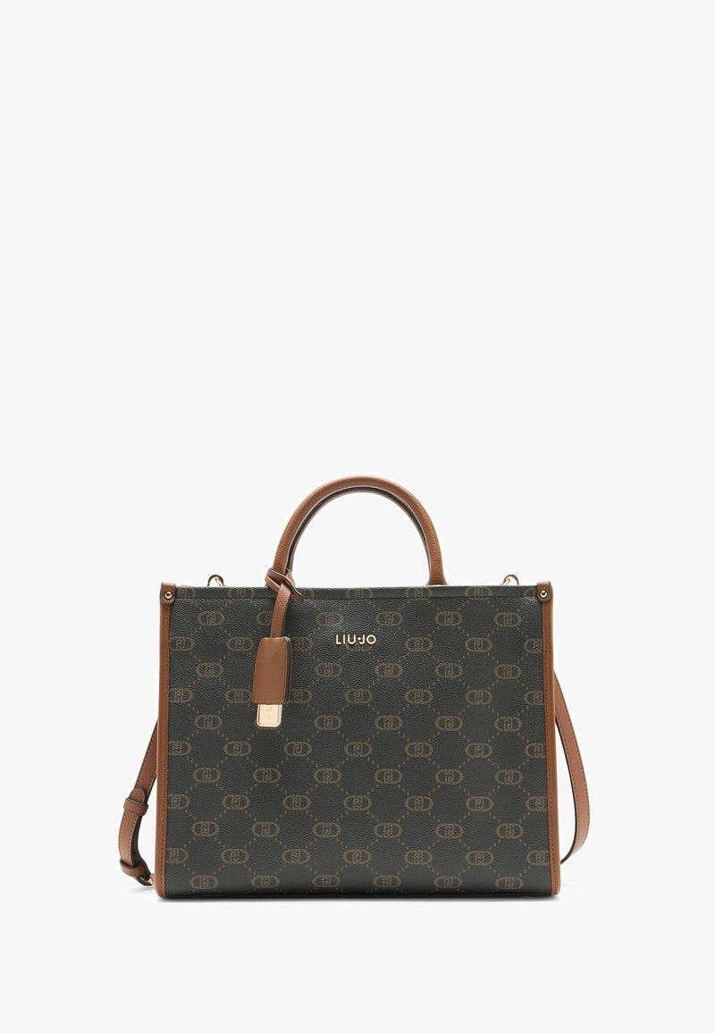 Rjava in zelena torbica z vzorcem, teksturirana materiala, ena zgornja ročaja, snemljiv ramenski trak in zlat detajl z logotipom.
