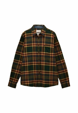 Long-sleeve button-up shirt with green, yellow, and brown plaid pattern and front chest pocket.