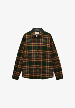 Košeľa s dlhým rukávom, gombíkmi a károvaným vzorom v zelených, žltých a hnedých odtieňoch, s prednou náprsné vrecko.
