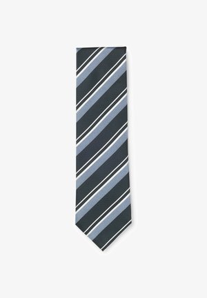 Zijden stropdas met diagonale strepen in zwart, blauw en wit op een witte achtergrond.