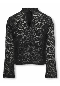 Svart spetscroppad topp med långa ärmar, med ett blommigt paisleymönster och nyckelhål bak. Fin, strukturerad tyg.