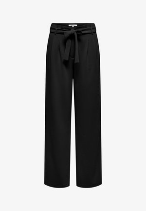 Mustad laiad püksid siledast materjalist, millel on esiotsa lipsuvöö, volditud detailid ja hästi istuv lõige.