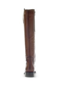 Braune Lederstiefel bis zum Knie mit einer glatten Oberfläche, seitlichem Reißverschluss und einem niedrigen, gestapelten Absatz. Klassisches Design mit minimalen Nähten.