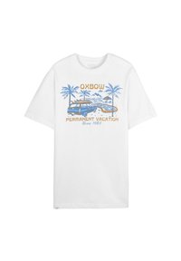 T-shirt en coton blanc avec un motif graphique bleu et or représentant une voiture, des palmiers, et le texte "OXBOW PERMANENT VACATION Depuis 1985."