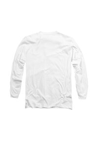 Long-sleeve shirt in white cotton, featuring a crew neck and relaxed fit. Smooth texture with slightly wrinkled fabric, no graphics or embellishments.