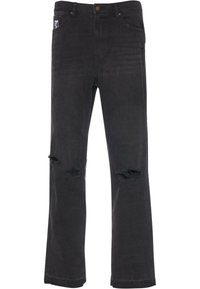 Jeans de mezclilla negra con un diseño de pierna recta, desgastes en las rodillas, estilo de cinco bolsillos y cierre frontal de botón.