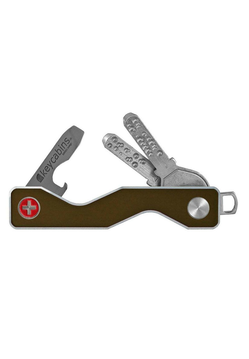 Multifunctional key holder with dark green body, silver metal hardware, and integrated tools, including a bottle opener and key slots.