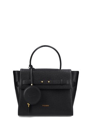 Schwarze strukturierte Handtasche aus strukturiertem Material, mit einem oberen Griff, goldfarbener Hardware und einem abnehmbaren runden Münzgeldbeutel.