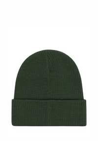 Groene gebreide beanie met een omgeslagen rand, een gladde textuur en een naadloze bovenkant. Gemaakt van warme stof, geschikt voor dragen in koude weersomstandigheden.