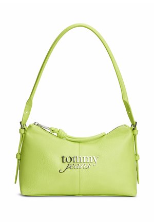 Jasnozielona torba na ramię z regulowanym paskiem, zamknięciem na zamek i srebrnym logo "tommy jeans" z przodu.