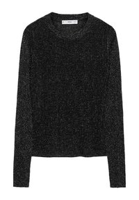 Schwarzer Pullover mit langen Ärmeln und Rundhalsausschnitt, gefertigt aus strukturiertem, glitzerndem Stoff. Einfaches Design, figurbetonte Form mit glattem Finish.