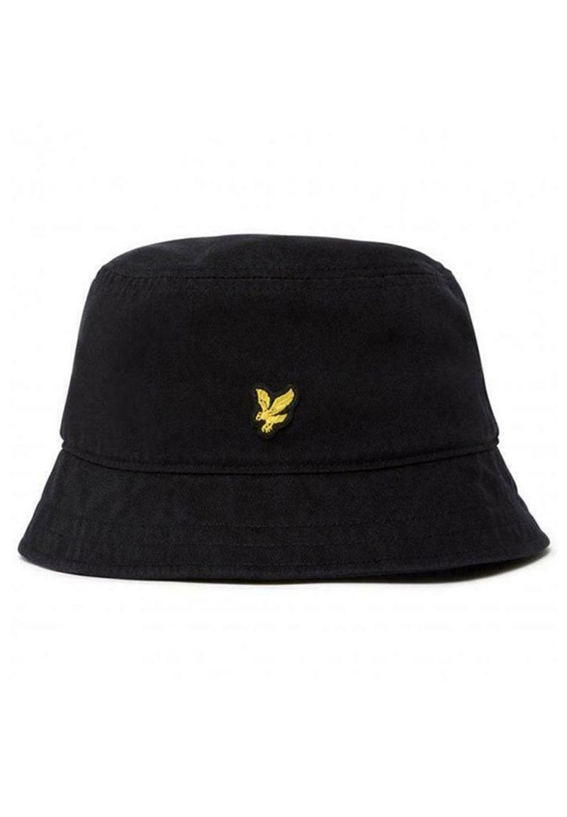 Chapeau seau en coton noir avec un large bord, présentant un petit logo brodé jaune à l'avant. Design simple et sans embellissement.