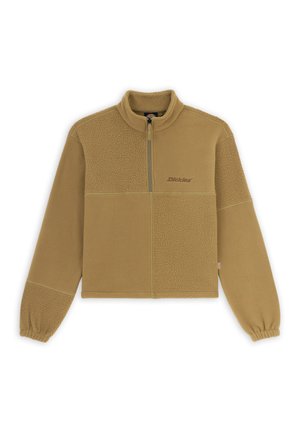 Pullover beige in fleece con zip a metà, caratterizzato da un mix di pannelli lisci e testurizzati, e polsini elasticizzati. Logo visibile sul petto.