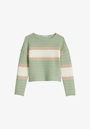 Gestrickter Pullover mit langen Ärmeln, grünen, beigen und weißen horizontalen Streifen und rundem Halsausschnitt.
