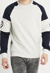 Sudadera gris claro con mangas raglán en azul marino. Presenta un cuello redondo y un detalle de logo en la manga izquierda. Textura de tela suave.