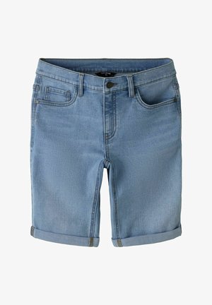 Světle modré džínové šortky s klasickým designem, ohrnutými lemy, pěti kapsami a zapínáním na přední knoflík. Měkká textura s viditelným prošíváním.