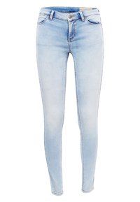 Vaaleansiniset kapeat farkut, valmistettu denimistä. Niissä on viisi taskua, vetoketjukiinnitys ja nappitulistus. Haalistettu pesu, jossa kevyet kulutuskoristelut.