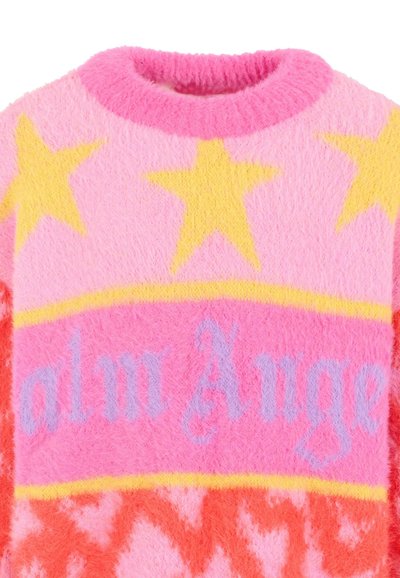 Maglione in maglia morbida nelle tonalità del rosa con stelle gialle e logo 'Palm Angels', caratterizzato da un collo rotondo e fantasie vivaci.