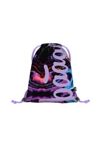 Sacca con cordino caratterizzata da un fondo nero e vivaci motivi astratti in viola, blu e rosa, impreziosita da cordini lavanda e testo in grassetto.
