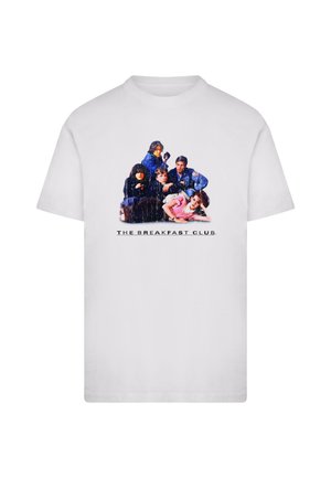 White cotton t-shirt featuring a colorful graphic print of six characters from "The Breakfast Club" with the text below.