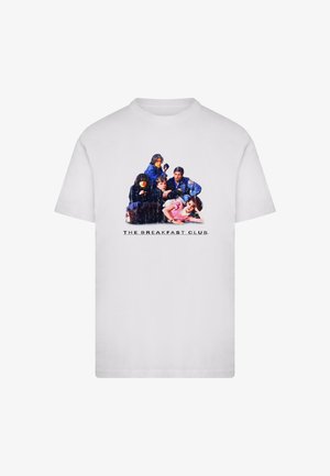 White cotton t-shirt featuring a colorful graphic print of six characters from "The Breakfast Club" with the text below.