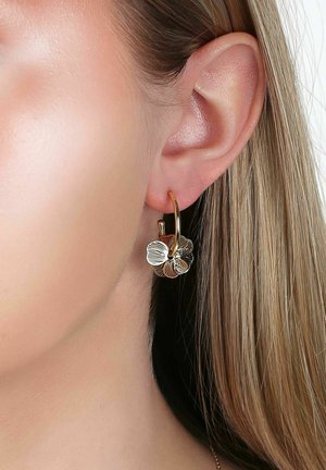 Close-up of ear with gold hoop earring featuring a textured flower-shaped charm, blonde hair tucked behind the ear.