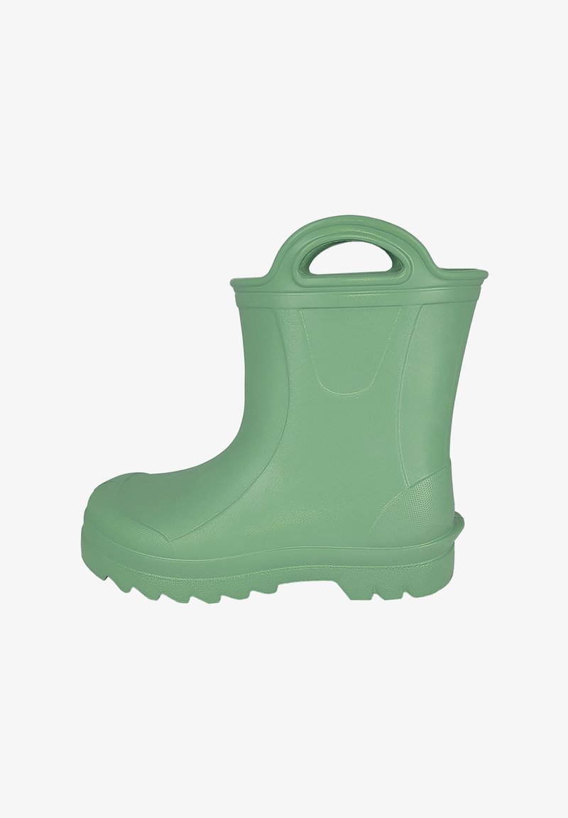 Grüner Gummistiefel mit abgerundetem Zeh, strukturiertem Griff und rutschfester Sohle für besseren Halt. Glatte Oberfläche und Design in mittelhoher Schaftlänge.
