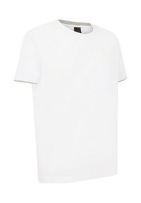 T-shirt bianca a maniche corte con scollo rotondo e accenti grigi al collo. Realizzata in tessuto morbido e liscio con una vestibilità ampia e senza motivi visibili.