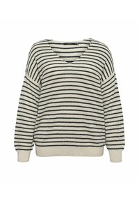 Pull en maille à rayures horizontales crème et noires avec col en V, manches longues et poignets et ourlet côtelés.