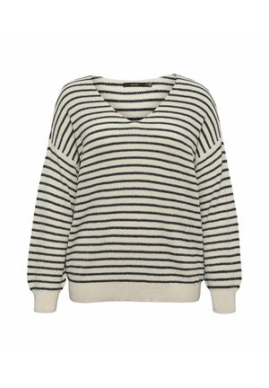 Pull en maille à rayures horizontales crème et noires avec col en V, manches longues et poignets et ourlet côtelés.