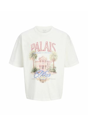 T-shirt blanc à manches courtes avec un dessin représentant un palais, des palmiers, avec les inscriptions « Palais », « Des Vignes et Orchidees » et « Nice ».