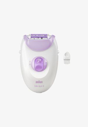 Braun Silk-épil 3, boîtier blanc avec accents violets, équipé d'une tête à rouleaux et d'un bouton de contrôle circulaire ; comprend une petite brosse de nettoyage.