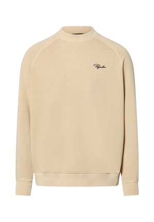 Beige sweatshirt met een hoge hals en geribbelde mouwen. Voorzien van een klein zwart logo op de borst en een zachte, gestructureerde stofafwerking.